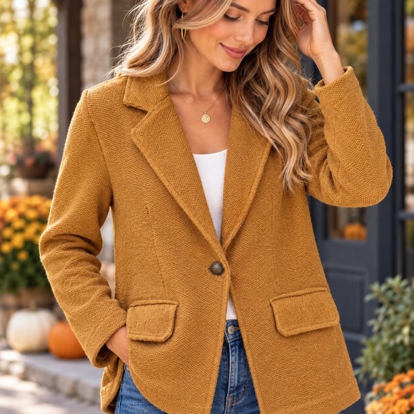 Maeve Jackets & Blazers - Maeve Anthropologie Mustard Yellow Cotton Textured Knit Blazer XL Fall Neutral